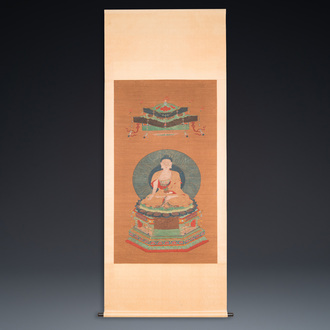 Ecole chinoise: 'Bhaishajyaguru' ou 'Bouddha de Médecine', encre et couleurs sur soie, probablement 19ème