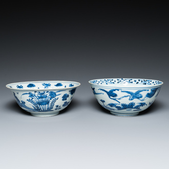 Two Chinese blue and white bowls with cranes, deer and ducks, Wanli