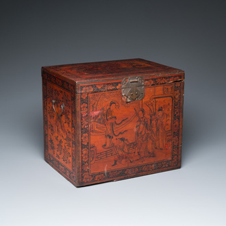 A Chinese wooden chest with a Tingqua store label, Canton, 19th C.