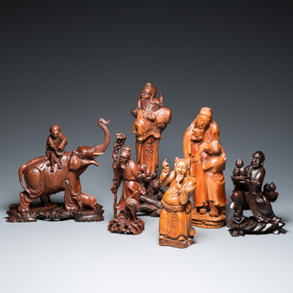 Six various Chinese carved wooden statues, 19/20th C.