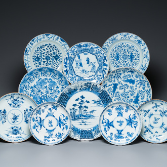 Dix assiettes et plats en porcelaine de Chine en bleu et blanc, Kangxi et postérieur