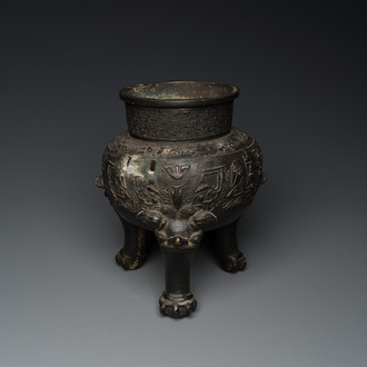 A Chinese bronze tripod 'taotie' censer, Ming