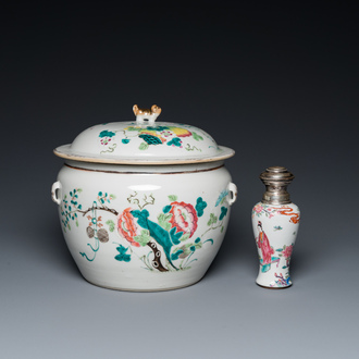 A Chinese silver-mounted famille rose vase and a covered bowl, 19th C.