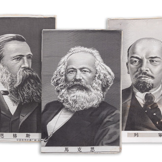 Trois broderies figurant des portraits de politiciens communistes, Chine, Révolution Culturelle