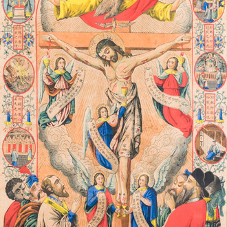 Missionnaires catholiques belges en Chine: 'Les stigmates de Christ', gravure aux rehauts en couleurs, 19ème