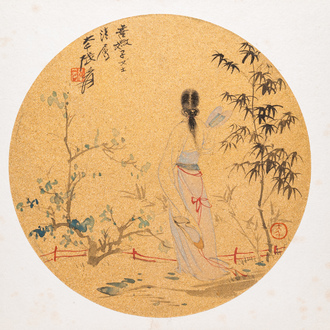Suiveur de Zhang Daqian 張大千 (1898-1983): 'Beauté dans le jardin', encre et couleurs sur papier doré