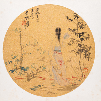 Follower of Zhang Daqian 張大千 (1898-1983): 'Beauty in the garden', ink and colour on gold paper