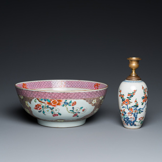 A Chinese famille verte vase mounted as a lamp and a famille rose bowl, Kangxi and Qianlong