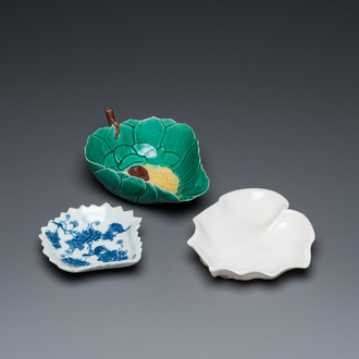 Three Chinese leaf-shaped brush washers in blue and white, blanc de Chine and sancai enamels, 18/19th C.