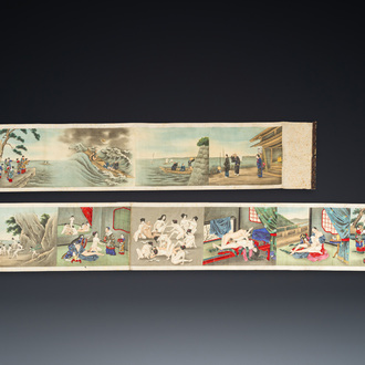 Japanse school: een shunga emaki (erotische handscroll), inkt en kleur op zijde, Edo/Meiji, 18/19e eeuw