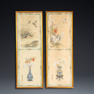 Wang Chengxun 王承勳 (19/20th C.): 'Birds and flower vases', ink and colour on silk, Republic