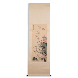 Suiveur de Wang Xuetao 王雪濤 (1903-1982): 'Oiseaux et fleurs', encre et couleurs sur papier, daté 1940
