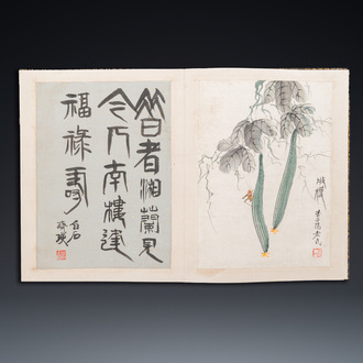 D'après Qi Baishi 齊白石 (1864-1957): Album contenant 6 sujets floraux accompagnés de calligraphie, encre et couleurs sur papier