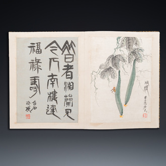 After Qi Baishi 齊白石 (1864-1957): Album with 6 floral works accompanied by calligraphy, ink and colour on paper