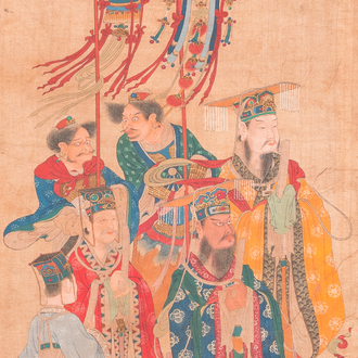 Chinese school: 'A procession of deities', ink and colour on silk, Qing