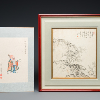 Pu Xinyu 溥心畬 (1896-1963): Deux dessins dédicacés à monsieur Zixin, encre et couleurs sur papier