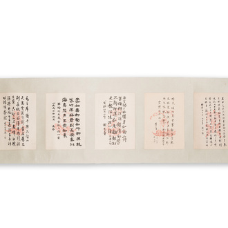 Ecole chinoise: Cinq calligraphies verticaux aux signatures de célébrités, encre et couleurs sur papier