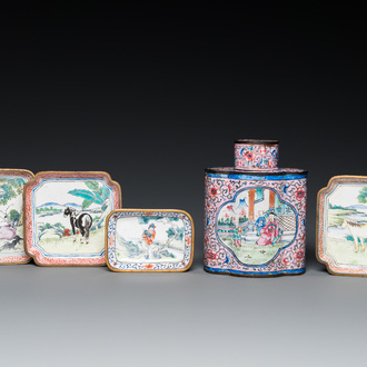 A Chinese Canton enamel tea caddy and four small dishes, 19th C.