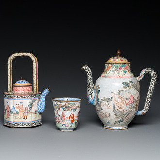 A Chinese Canton enamel teapot, a wine jug and a wine cup, Yongzheng/Qianlong