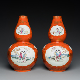 A pair of Chinese coral-ground famille rose double gourd vases, Qianlong mark, Republic