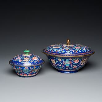 Two Chinese blue-ground Canton enamel bowls and covers, Qianlong/Jiaqing