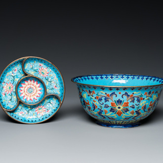 A Chinese Canton enamel 'lotus' spice dish and a bowl, Qianlong/Jiaqing