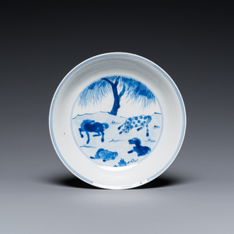 A Chinese blue and white 'Horses of Mu Wang' plate, Kangxi mark and of the period