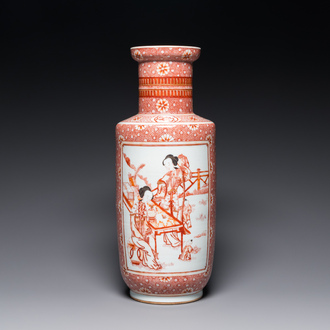 A Chinese iron-red and gilt rouleau vase with ladies and boys, Daoguang mark, 20th C.