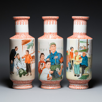 Trois vases de forme rouleau en porcelaine de Chine à décor de la Révolution Culturelle, signés Qiu Guang 邱光 et datés 1968 et 1972