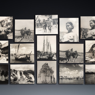 15 grandes photographies en noir et blanc représentant des personnages locaux et des vues du pays, Vietnam, vers 1900