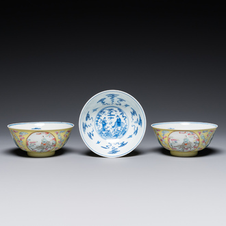 Three Chinese famille rose yellow sgraffito-ground bowls, Daoguang mark and possibly of the period