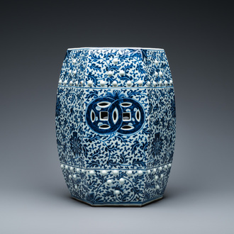 A Chinese blue and white hexagonal garden seat with floral design, 19th C.