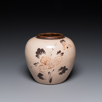 A Chinese red and black-decorated Cizhou jar with floral design, Ming