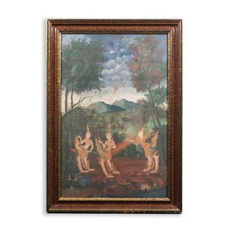 Ecole thai: Kinnarees mythiques dans la légendaire forêt Himmaphan, huile sur toile, 19ème