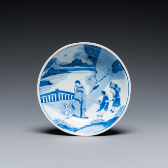 Een Chinees blauw-wit bordje met de poëet Wang Xizhi, Yi You Ding Yu Ya Zhi 益友鼎玉雅製 merk, Kangxi