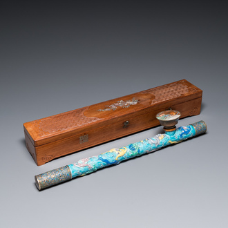 A rare Chinese porcelain Wang Bing Rong-style 'nine dragons' opium pipe in fine wooden box, late 19th C.