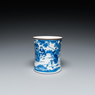 A Chinese blue and white brush pot, Kangxi mark, 19th C.