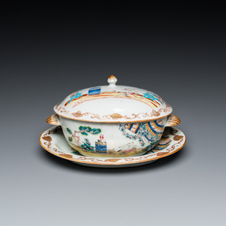 A Chinese famille rose 'Valentine's dove' tureen and cover on stand, Qianlong