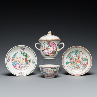 Quatre pièces en porcelaine de Chine famille rose aux sujets mythologiques et romantiques, Qianlong