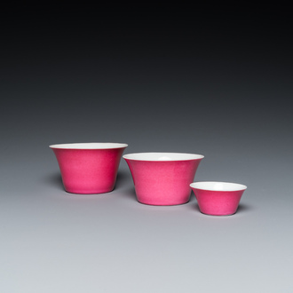 Three Chinese monochrome pink bowls, Qianlong mark, 19/20th C.