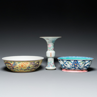 Two Chinese famille rose 'dragon' bowls and a vase with floral design, 19/20th C.