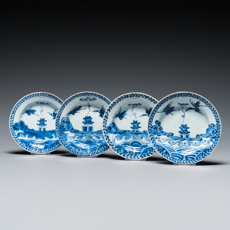 Four Chinese blue and white 'cranes and pagoda' saucers, ex-collection of August the Strong, Kangxi