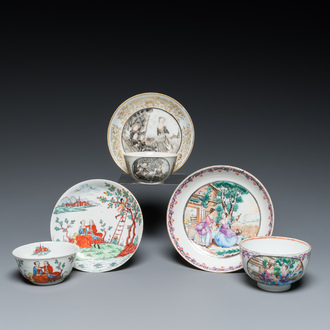 Trois tasses et soucoupes en porcelaine de Chine de la Compagnie des Indes, Qianlong