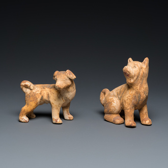 Deux modèles de chiens en terre cuite polychromée de type 'mingqi', Chine, Han