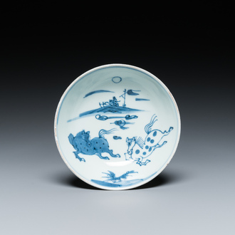 A Chinese blue and white ko-sometsuke 'piebald horses' saucer dish for the Japanese market, Tianqi/Chongzhen