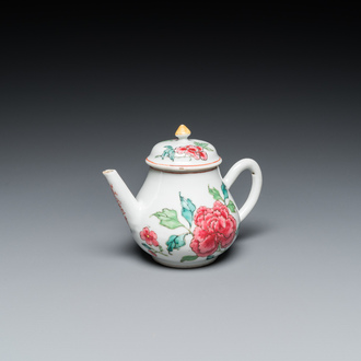 A Chinese famille rose 'peony' teapot and cover, Yongzheng