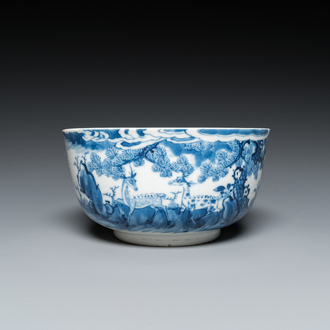 A Chinese blue and white 'Bleu de Hue' bowl with deer for the Vietnamese market, Nhuroc Tham Tran Tang mark 若深珍藏, 19th C.