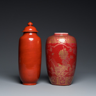 A Chinese coral-red vase with cover and a gilt-decorated sang de boeuf-glazed vase, 19/20th C.