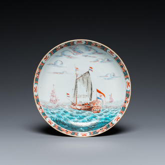 A Dutch-decorated Chinese porcelain plate with a merchant ship, Kangxi