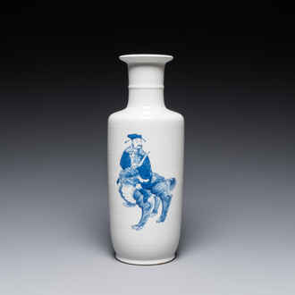 A Chinese blue and white 'Sanxing' rouleau vase, probably 19th C.